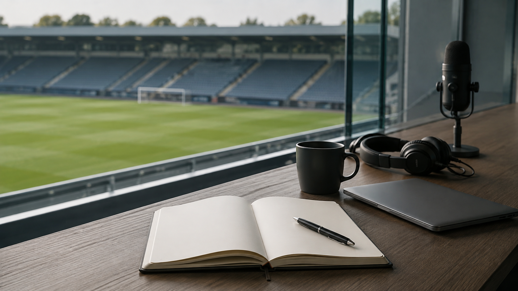 Open notebook and podcast microphone overlooking an empty football stadium.