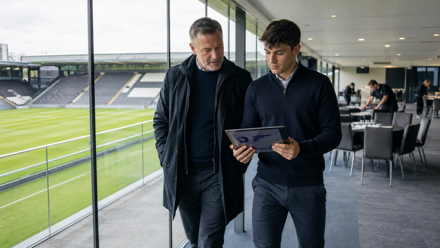 Football club executives reviewing performance data inside a stadium being used outside matchday.