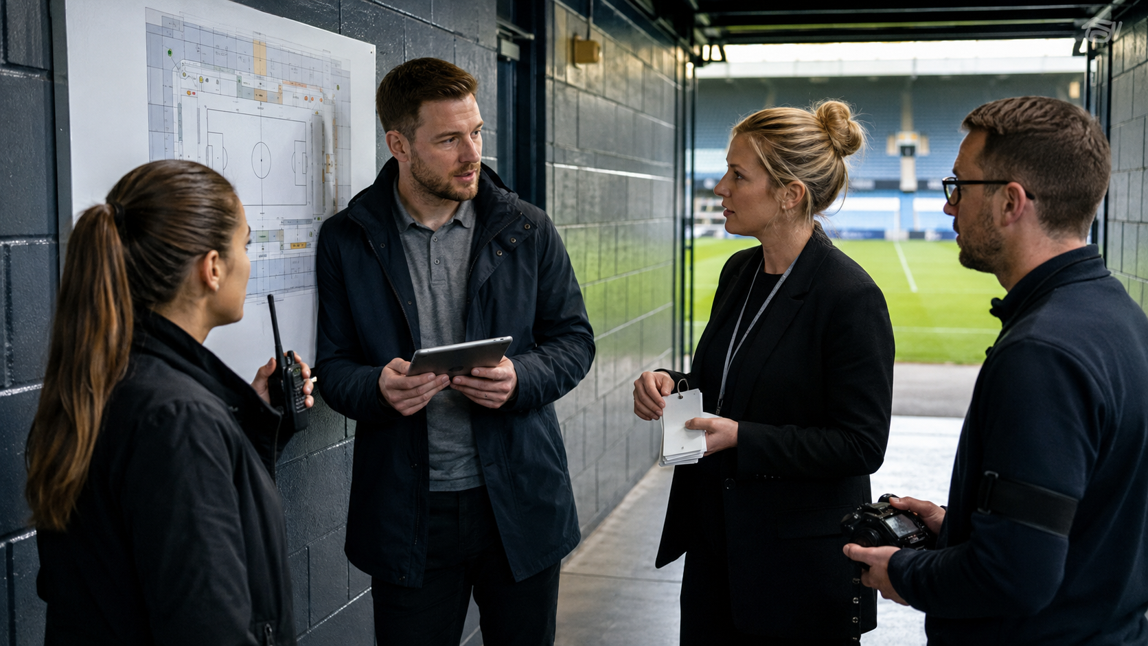 Football Club Departments Working Together Football club operations, ticketing, hospitality and media staff coordinating before matchday.