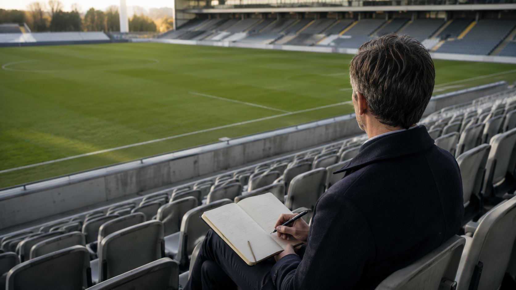 Founder Notes: Reflecting on Football Growth Football industry professional writing notes while overlooking an empty stadium.