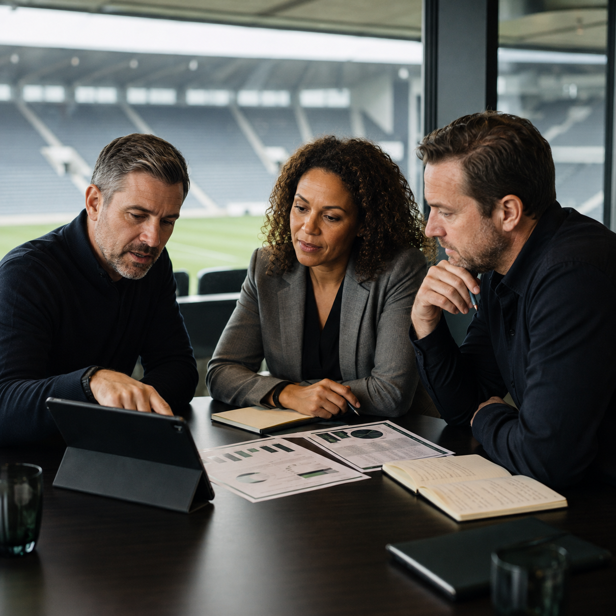Football club leadership team reviewing performance data during a strategic audit.