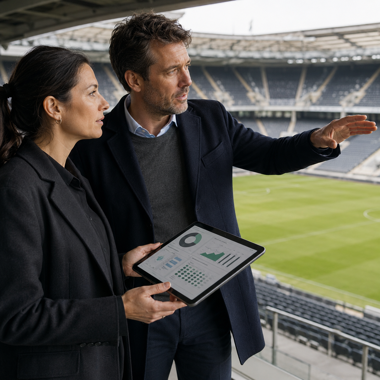 Football club executives reviewing performance evidence inside a stadium.