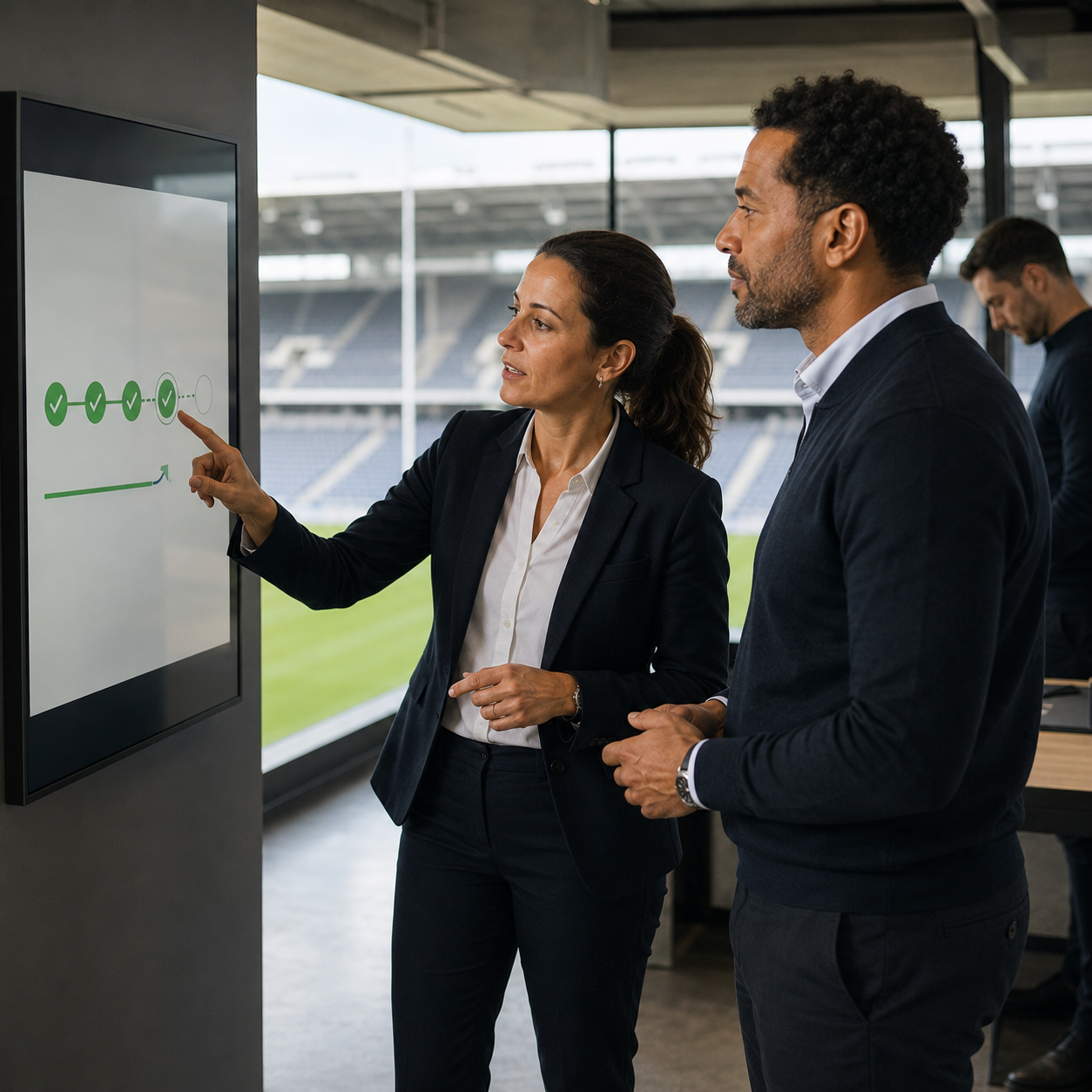 Football club leaders monitoring progress during a club-wide transformation programme.