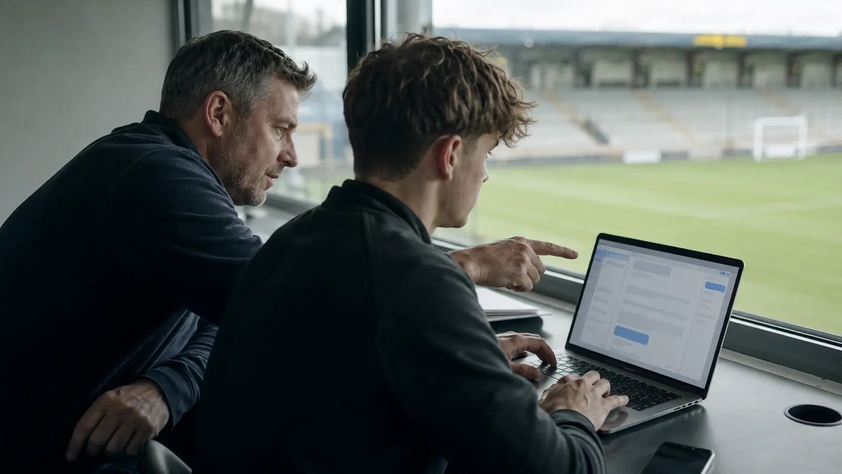 Football club media professionals reviewing AI-assisted content together in a stadium press box.