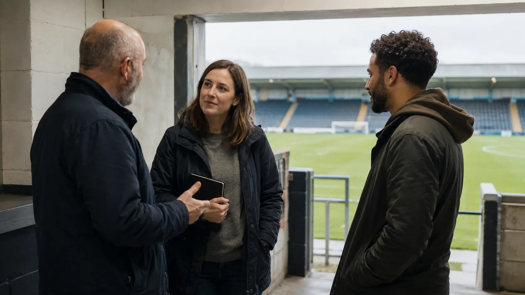 Football club communications professional listening to two supporters inside a stadium concourse.