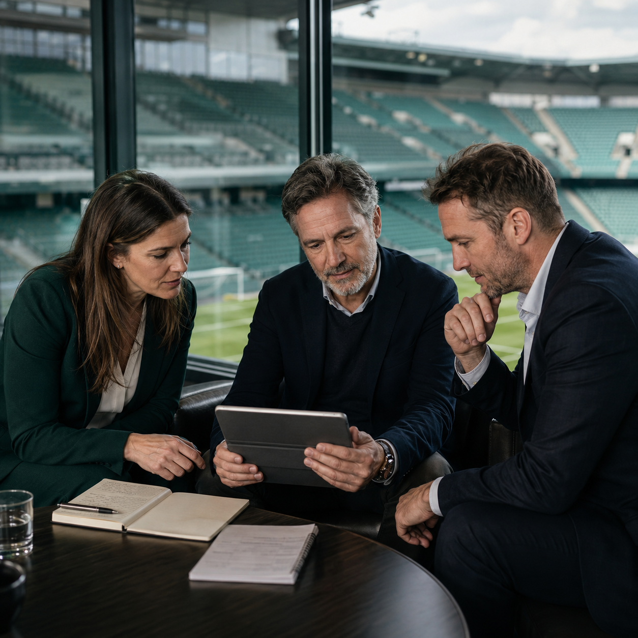 Football club leaders working collaboratively with an external adviser inside a stadium.