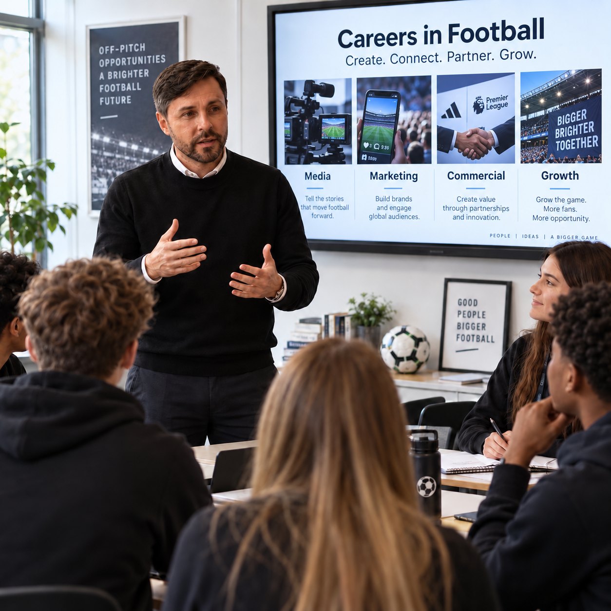 Careers in Football Workshop Careers in Football workshop with students learning about media, marketing, commercial and growth roles in football