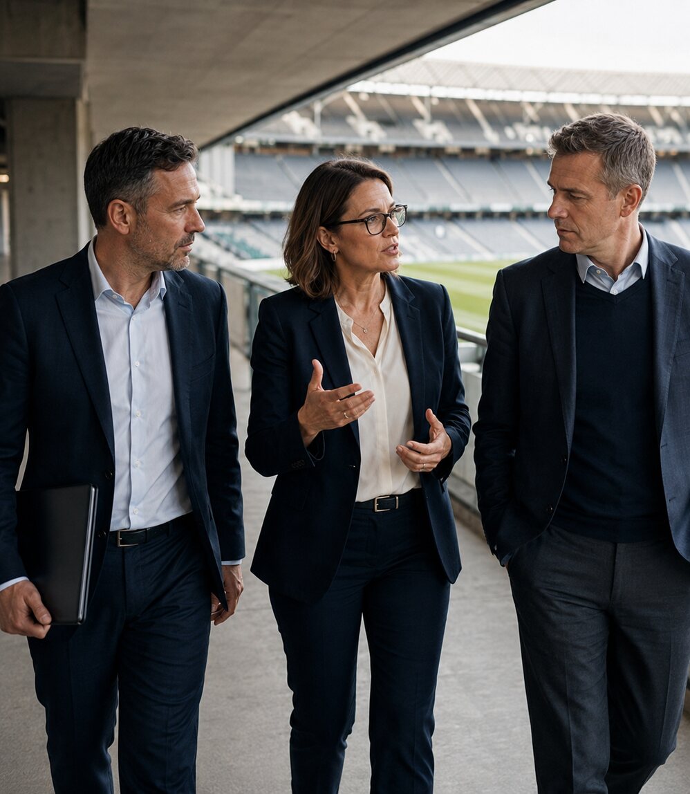 Three football club leaders discussing organisational change while walking through a stadium.