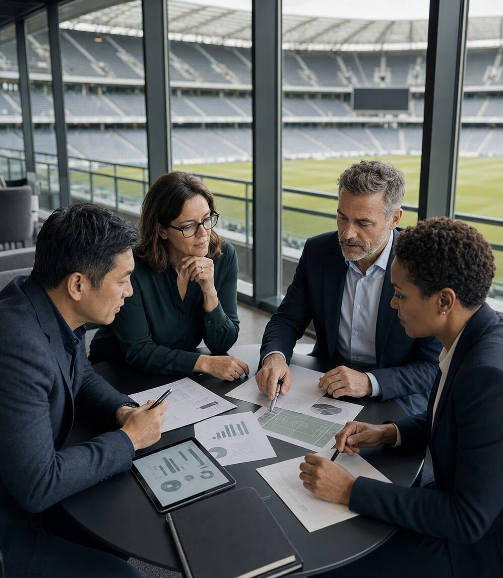 Senior football organisation leaders reviewing growth priorities inside a stadium.
