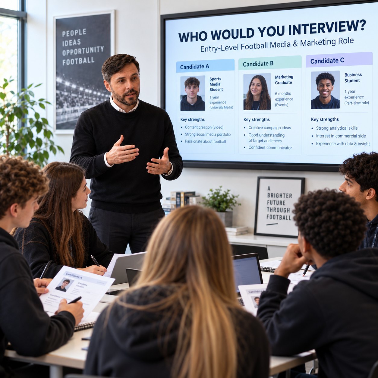 Would I Employ You Football Workshop Students taking part in a Football Growth recruitment workshop choosing which candidate to interview